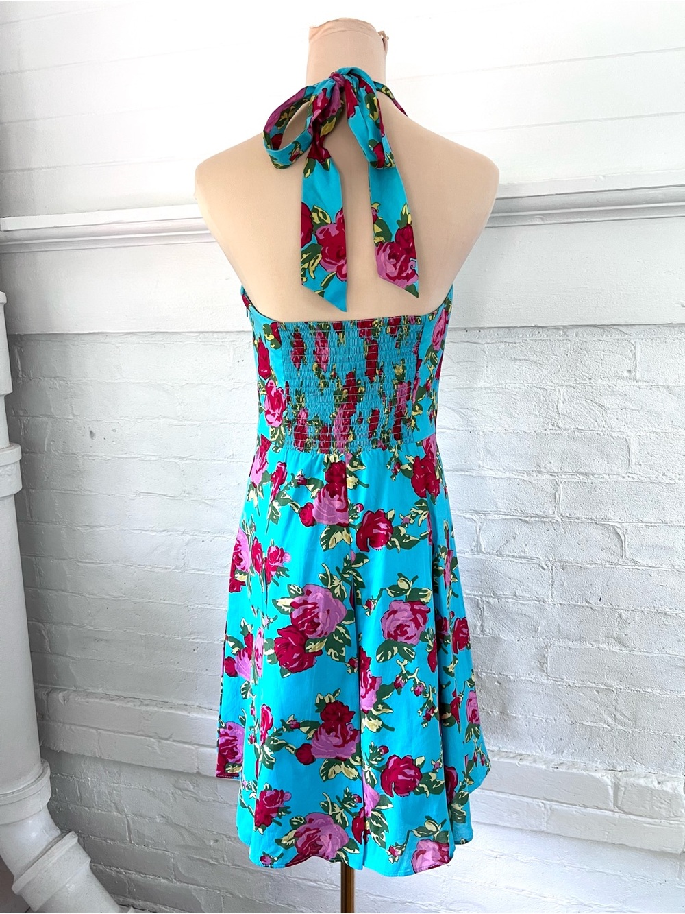 Betsey Johnson Turquoise Blue Floral Cotton Retro Halter Dress Fit And Flare 6 - Picture 6 of 14